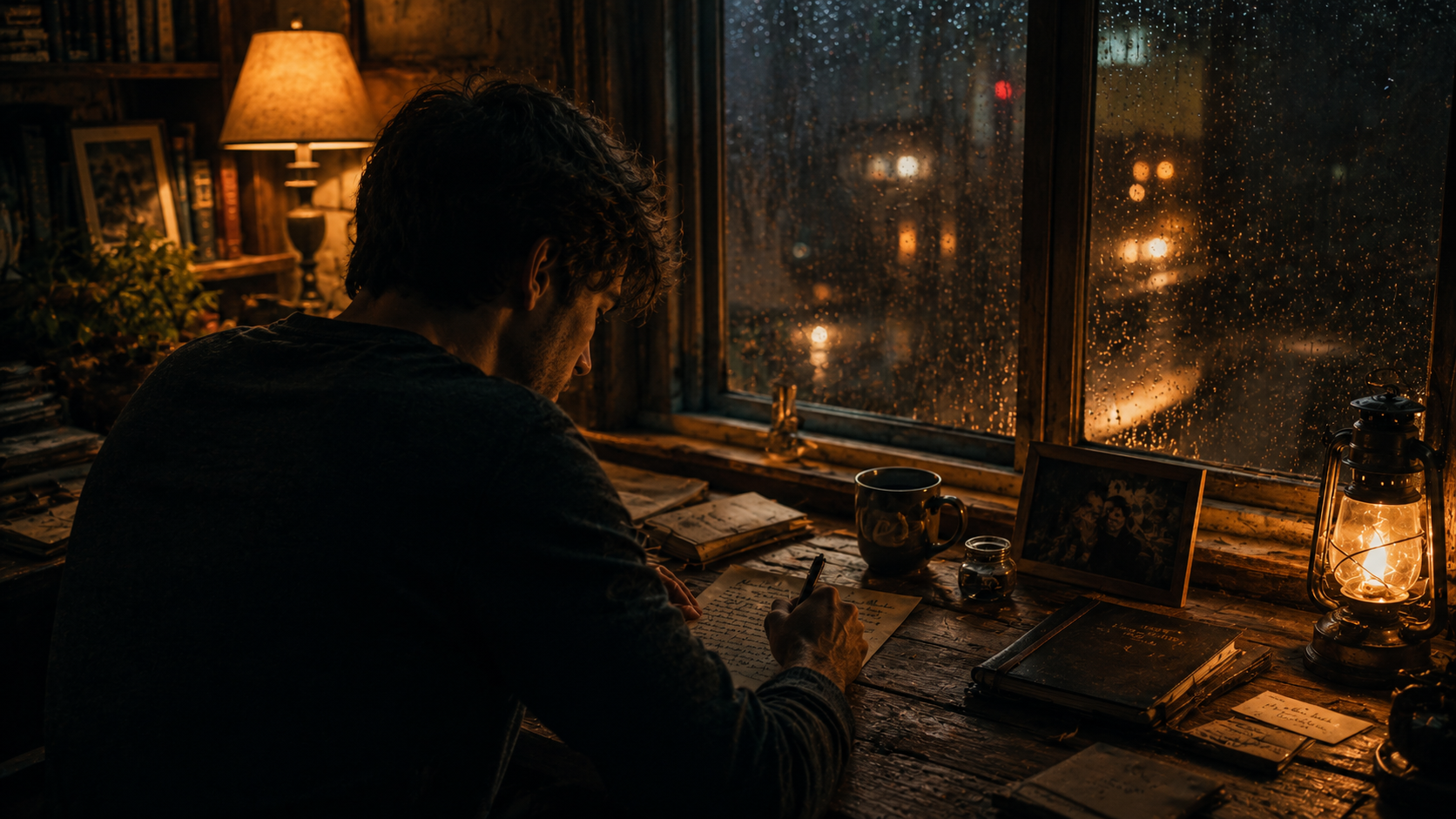 Un hombre escribiendo a la luz de una lámpara