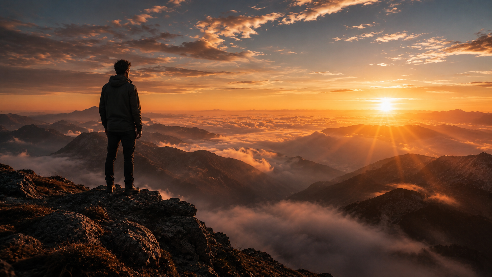 Persona contemplando un amanecer sobre las nubes