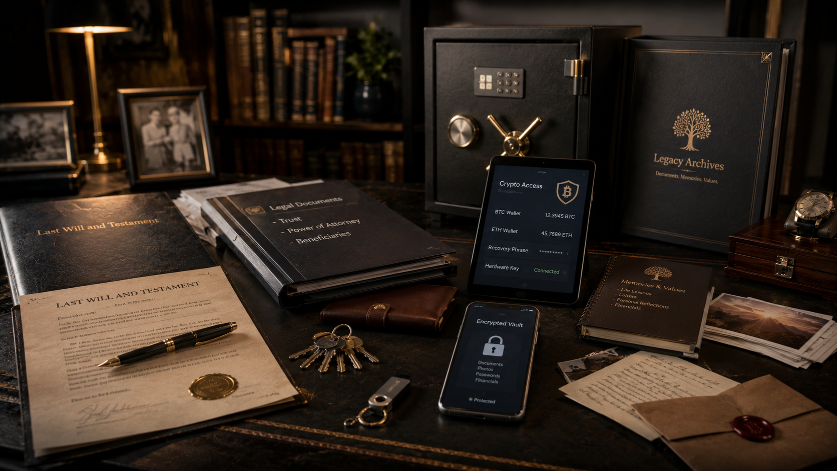 Documentos legales, llaves y archivos digitales