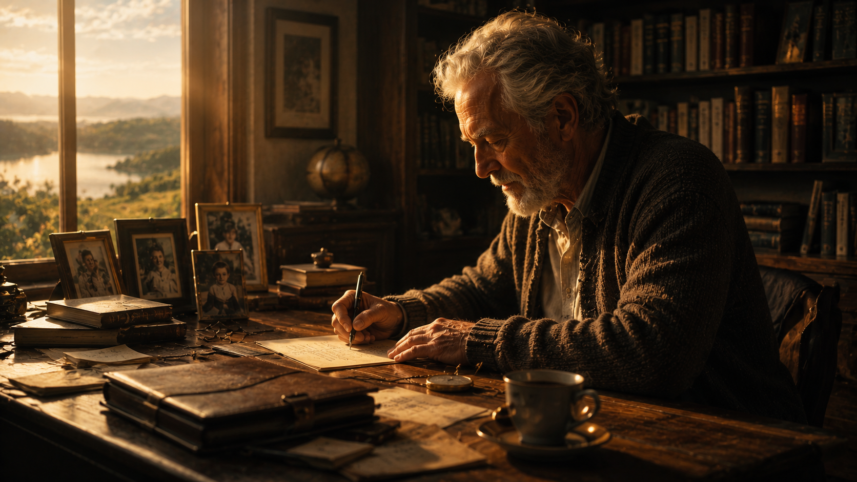 Un anciano escribiendo sus memorias junto a la ventana
